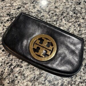Tory Burch Black Leather Pouch with Gold Emblem